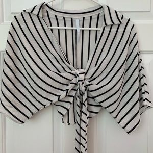 White and black stripe tie up shirt, S